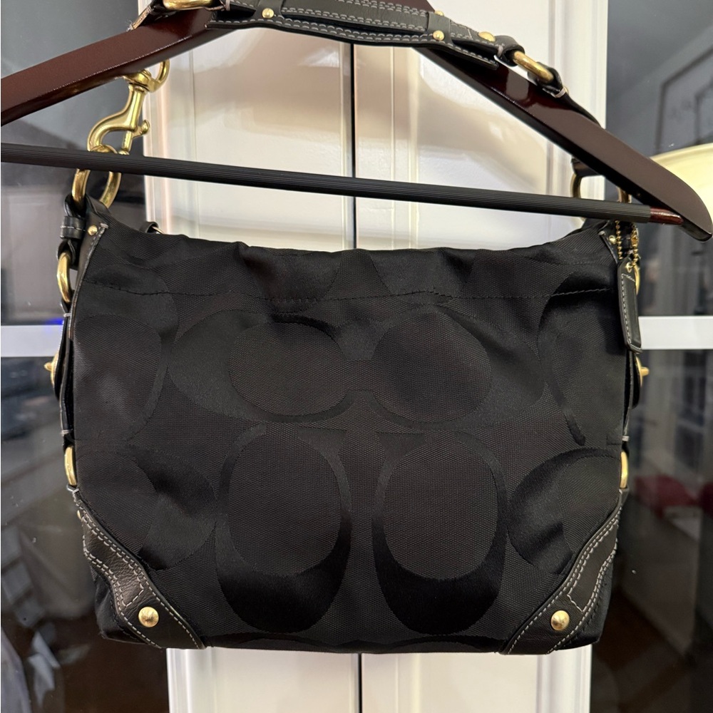 Coach Black Signature Carly Hobo Shoulder Bag with Brass Hardware - Picture 4 of 16